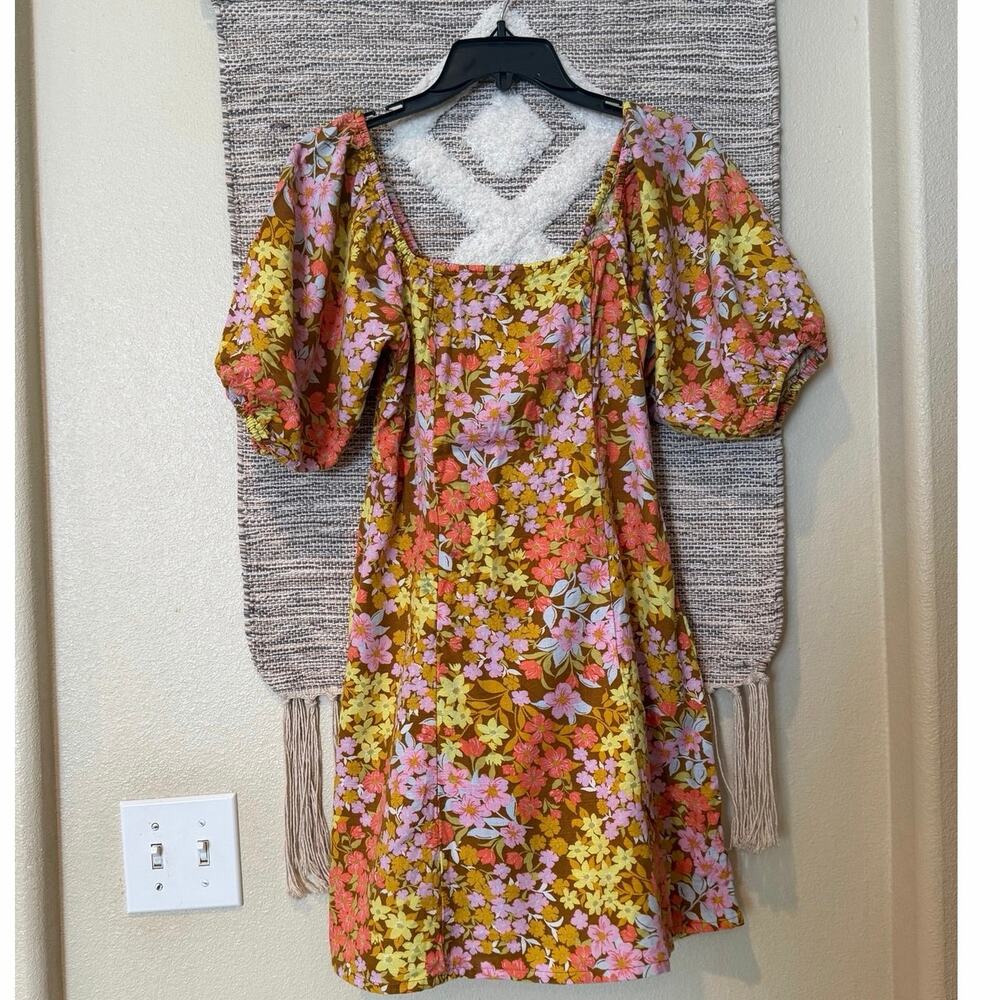 Billabong Floral Mini Dress Women M Puff Sleeve Square Neck Cottagecore Boho